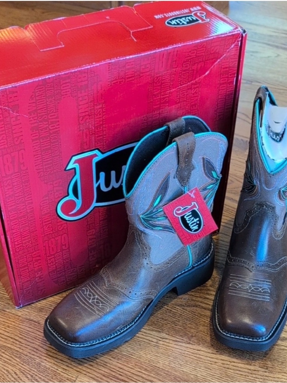 Justin Boots Brown & Aqua Western Work Boots